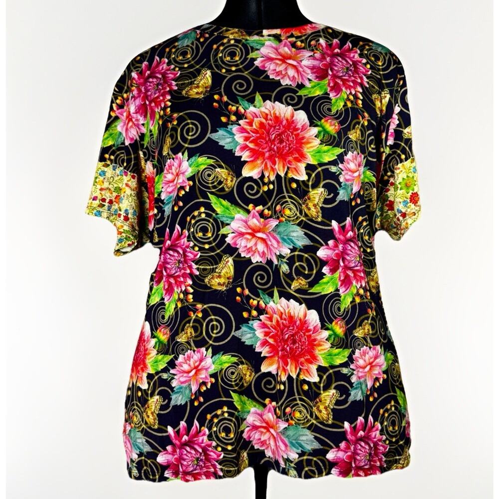 Johnny Was Black Floral Short-Sleeve Tee with Pink and Green Accents